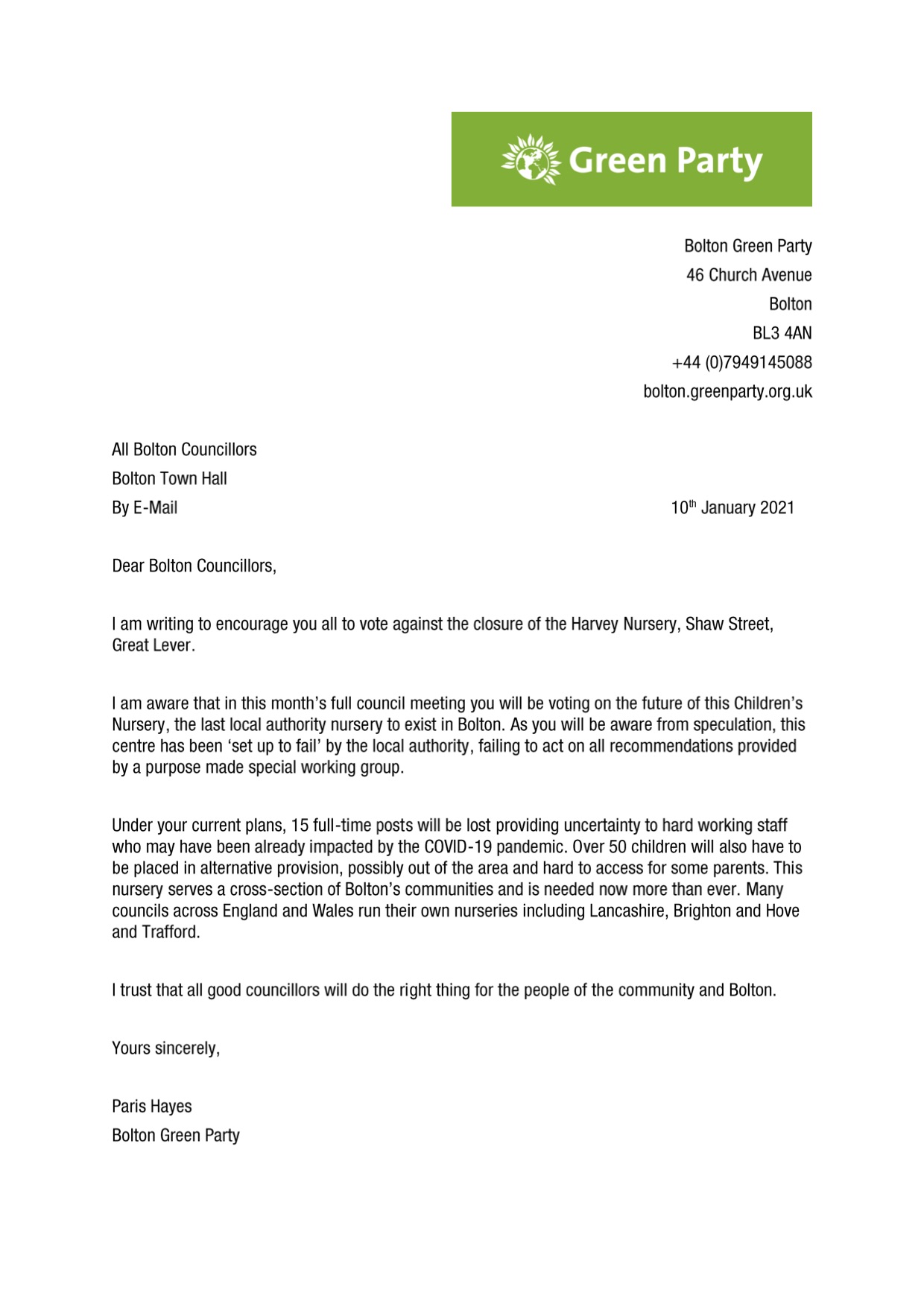 Letter to Councillors